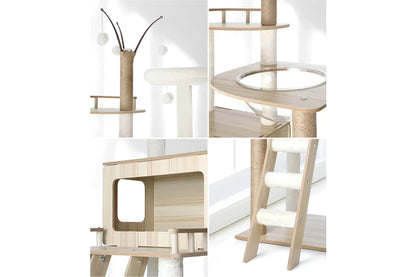 Large 172cm wooden cat tree with scratching post and tower by Pure Ego, designed for cats to climb, scratch, and relax.