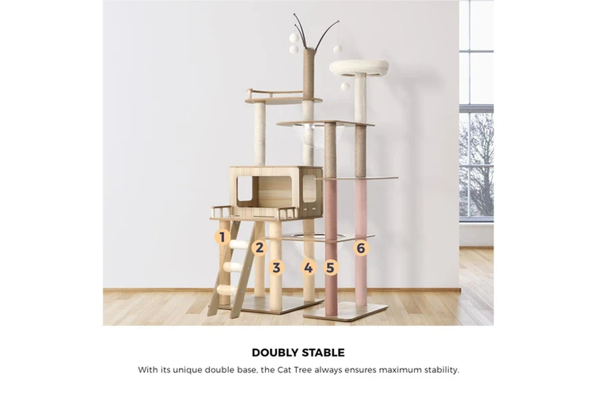 Large 172cm wooden cat tree with scratching post and tower by Pure Ego, featuring multiple levels and cozy resting spots.