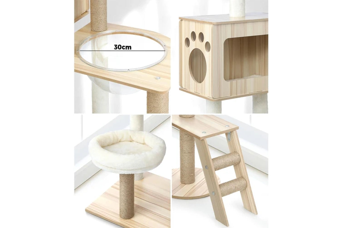 Pure Ego cat tree scratching post, 142CM tall with multiple platforms and scratching surfaces for indoor cats.