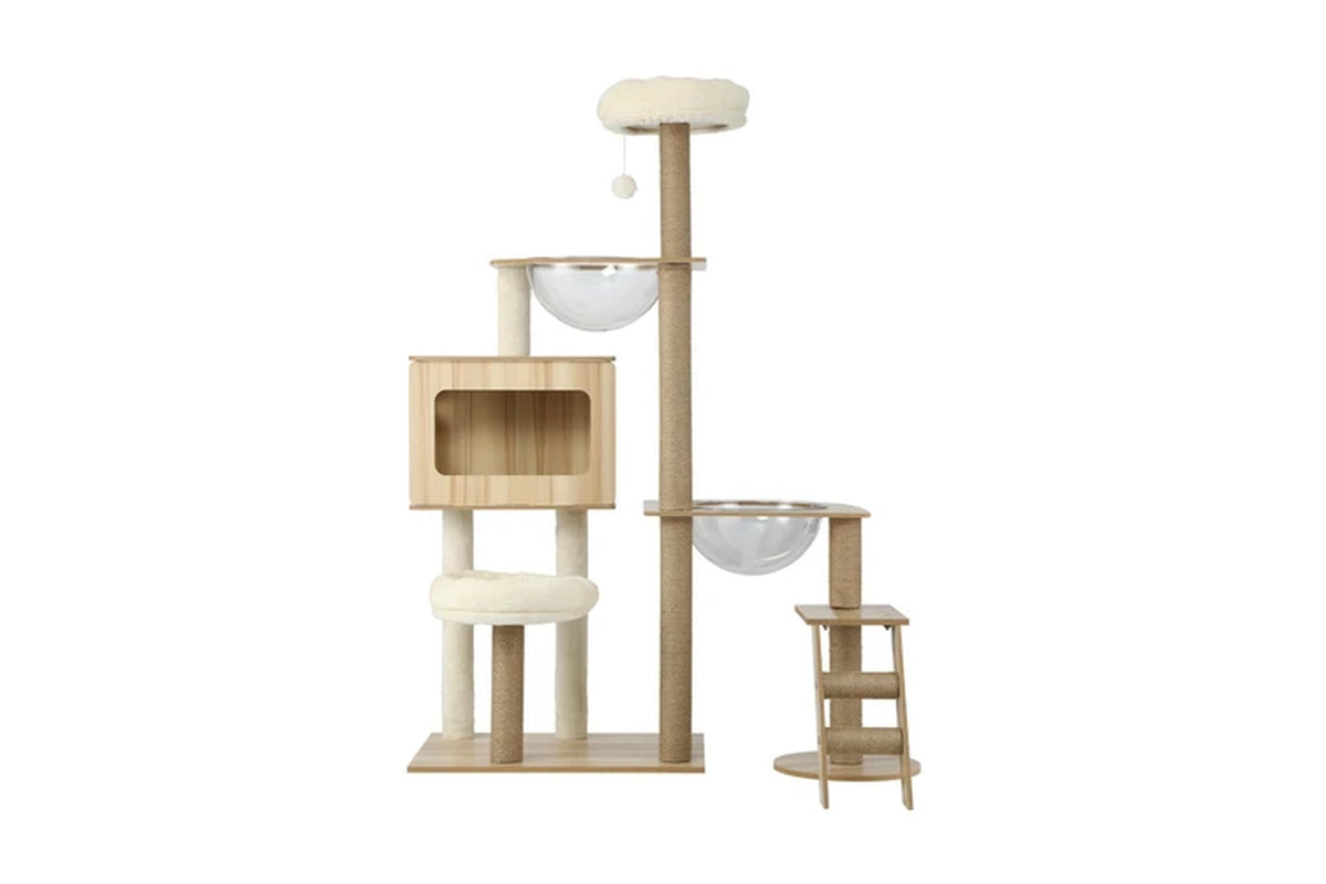 Pure Ego cat tree scratching post, 142cm tall, with multiple platforms and sisal scratching surfaces for cats.