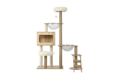 Pure Ego cat tree scratching post, 142cm tall, with multiple platforms and sisal scratching surfaces for cats.