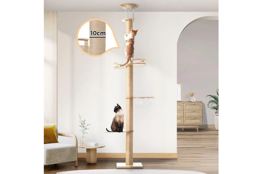Pure Ego ceiling cat tree with a 10cm thick wooden scratching post, measuring 270cm tall, designed for indoor cats.