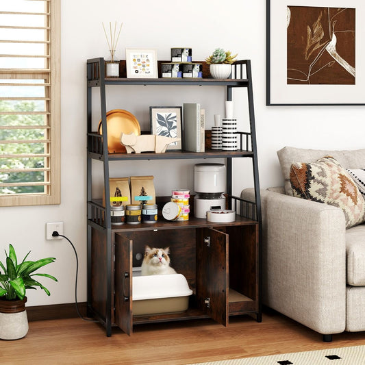 Pure Ego cat litter box enclosure with storage shelves and scratching pad, providing a stylish hiding spot for cats.