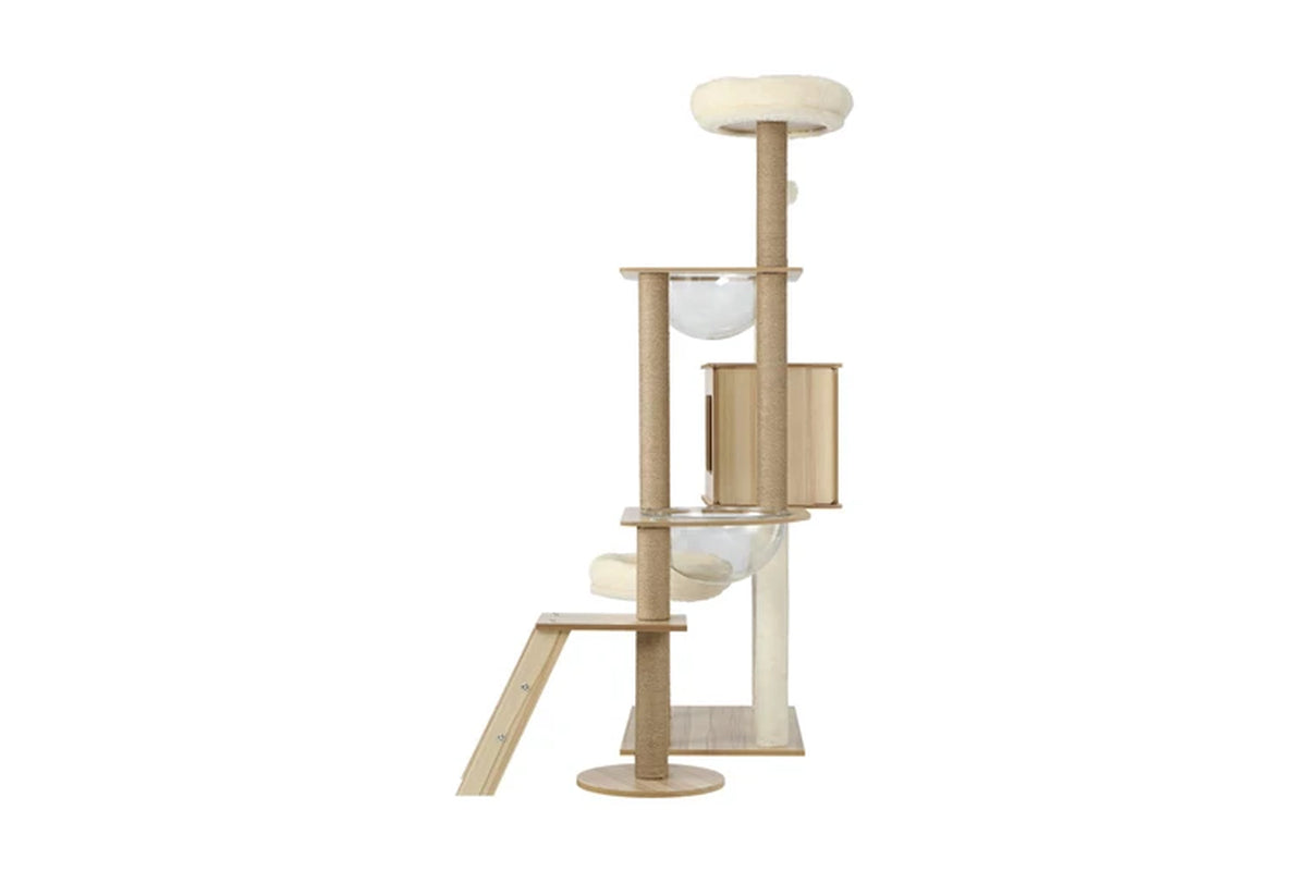 Pure Ego cat tree scratching post, 142cm tall, featuring multiple platforms and sisal scratching surfaces for cats to climb and scratch.
