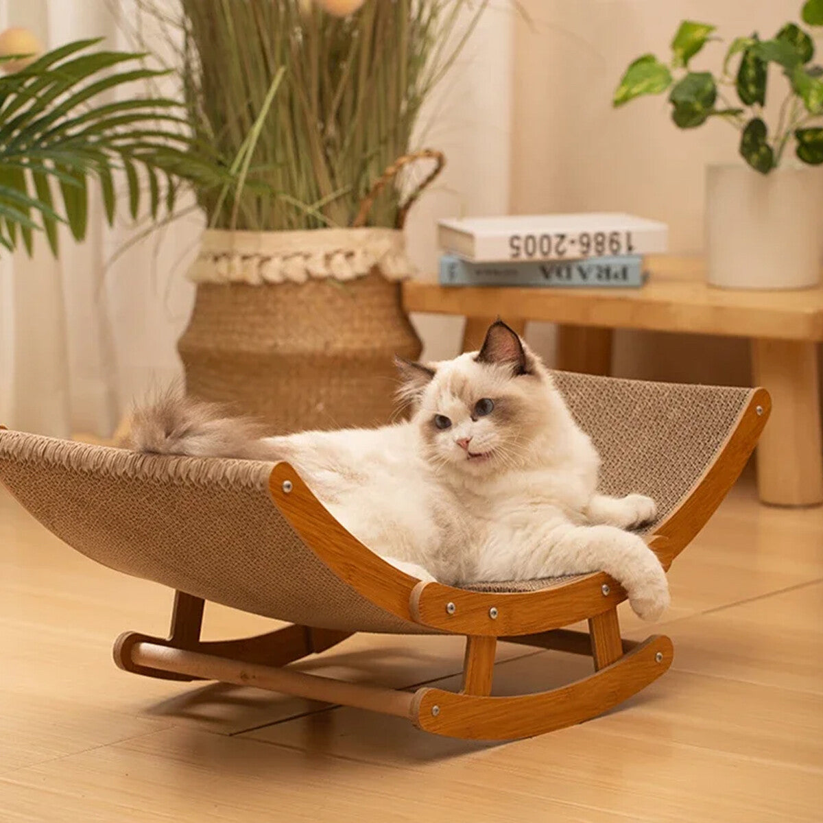 Durable Pure Ego cat scratching board with shaker bed made of corrugated paper, suitable for all seasons and cats' scratching needs.