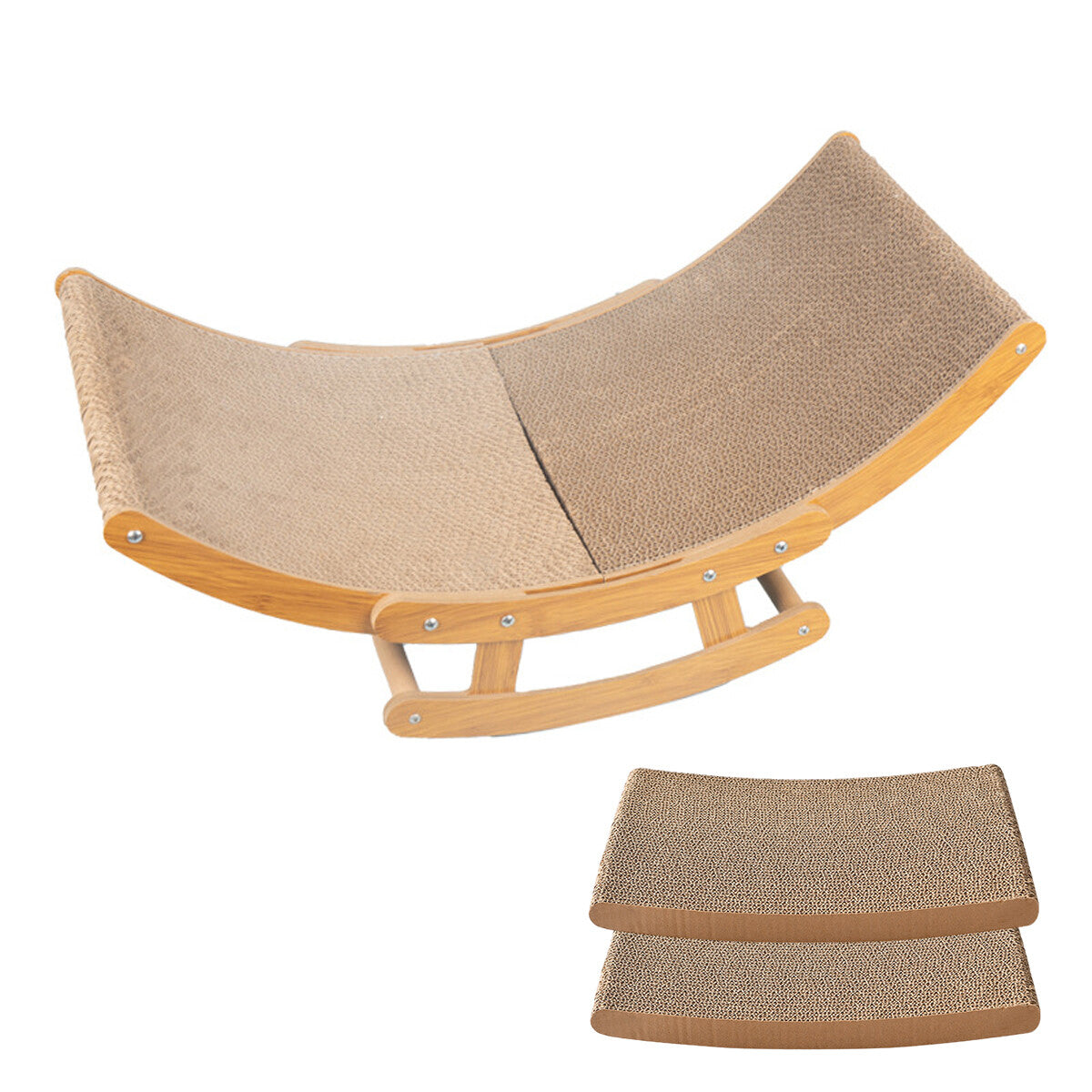 Durable cat scratching board and shaker bed made of corrugated paper by Pure Ego, ideal for all seasons and enriching feline play.