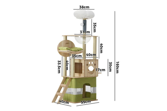 Pure Ego cat tree tower with multiple scratching posts and platforms, standing 160cm tall for feline play and exercise.