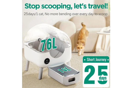Pure Ego Scoop-Free automatic self-cleaning cat litter box with large capacity, wifi control, anti-pinch motor, and low noise design.