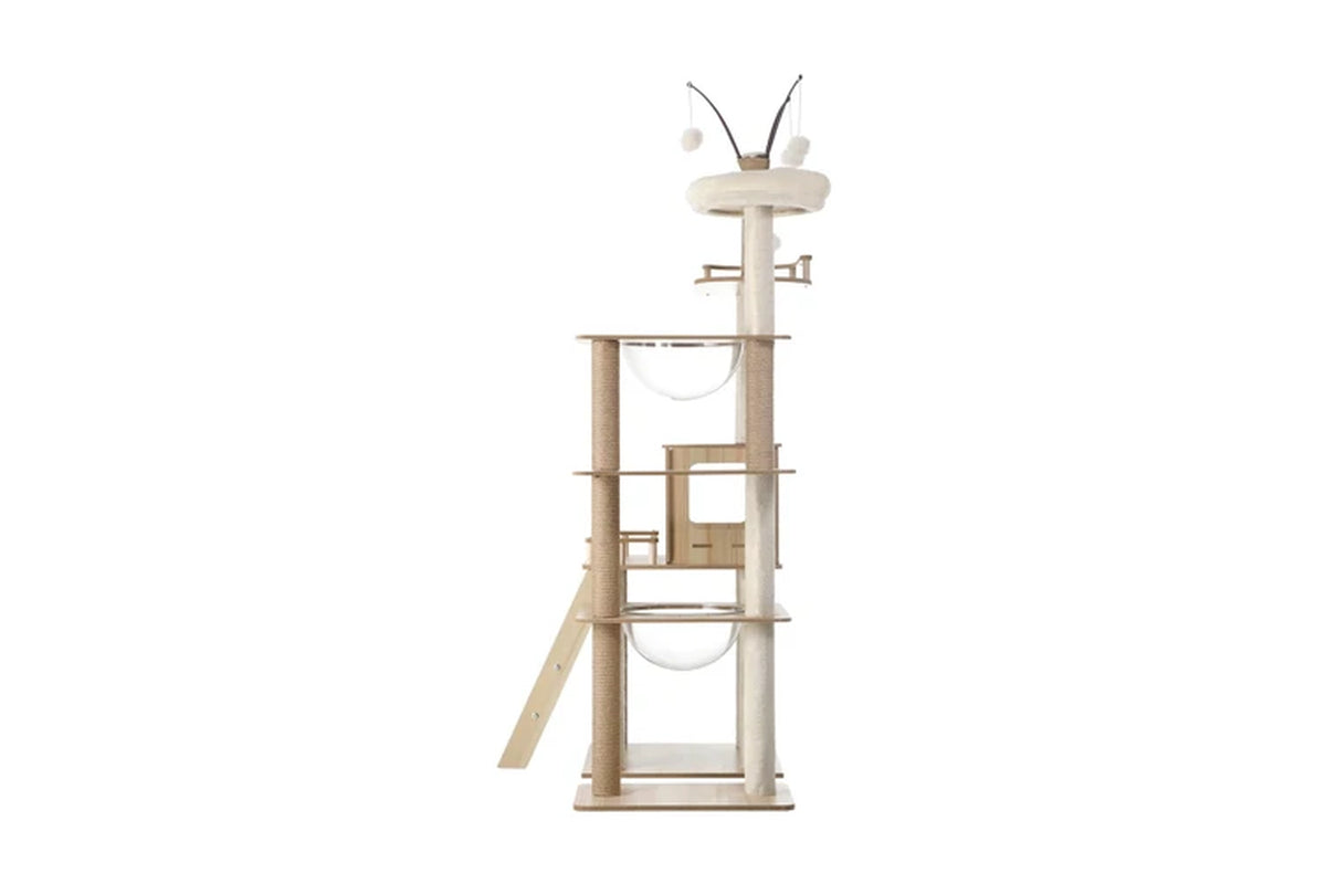Pure Ego 172cm large wooden cat tree with scratching posts and tower for cats to climb and scratch.