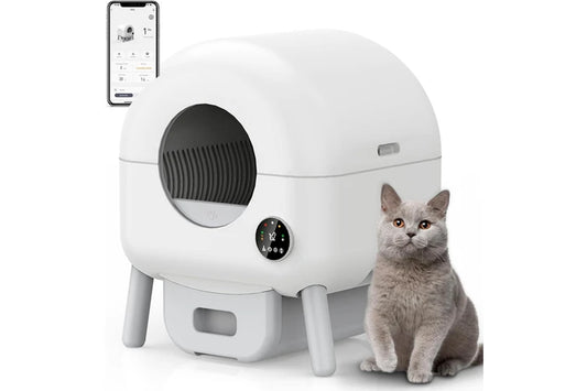 Pure Ego Scoop-Free Automatic Self-Cleaning Cat Litter Box with large capacity, wifi control, anti-pinch motor, and low noise features.