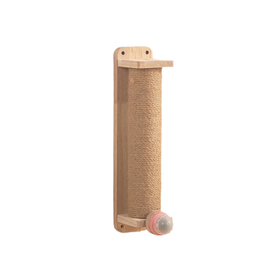 Wood wall-mounted cat scratching post with natural sisal rope and claw grinding toy by Pure Ego, designed for feline scratching and play.