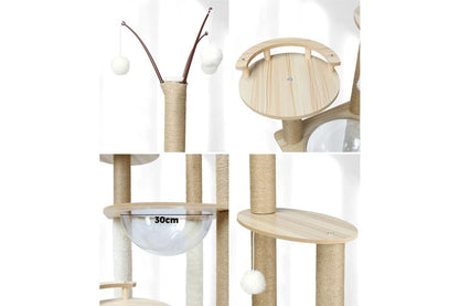 Pure Ego cat tree and scratching post, 132cm tall, with multiple platforms and sisal scratching surfaces for cats.