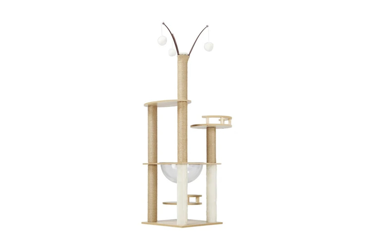 Pure Ego cat tree and scratching post, 132cm tall, with multiple platforms and sisal scratching surfaces for cats.