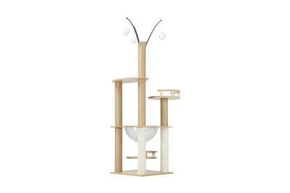 Pure Ego cat tree and scratching post, 132cm tall, with multiple platforms and sisal scratching surfaces for cats.