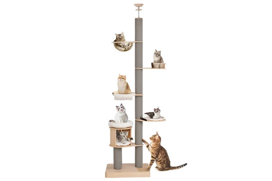 Tall grey floor-to-ceiling cat tree by Pure Ego with scratching post and adjustable height for large cats, reaching 294 cm.