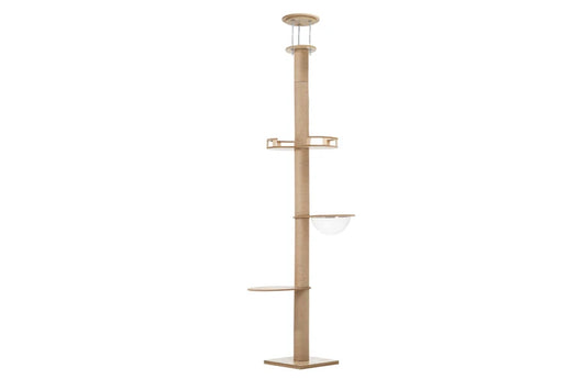 Pure Ego ceiling cat tree with a 10cm thick wooden scratching post, 270cm tall, designed for climbing and scratching.