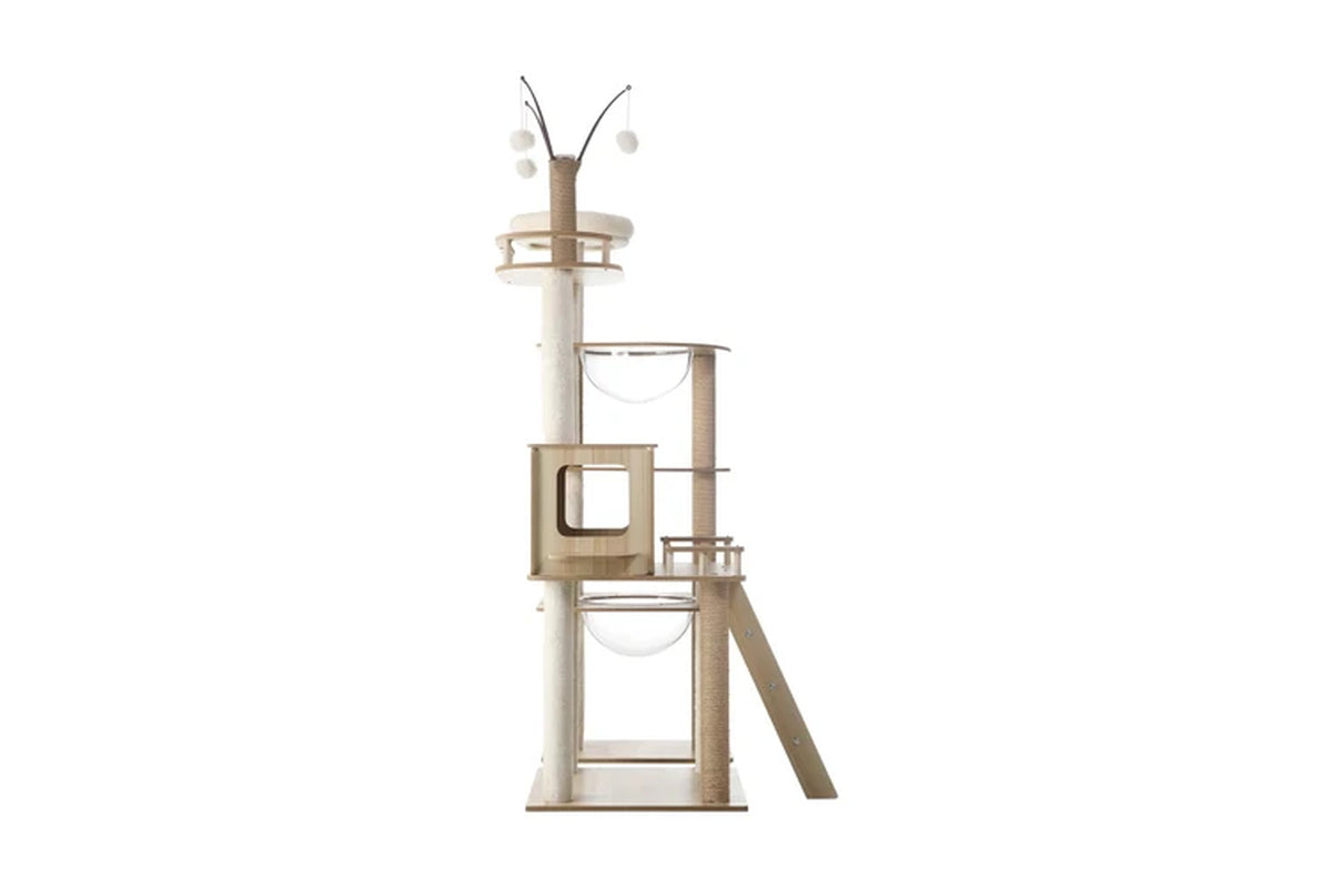 Large 172cm Pure Ego wooden cat tree with scratching post and tower, designed for cats to climb, scratch, and relax.