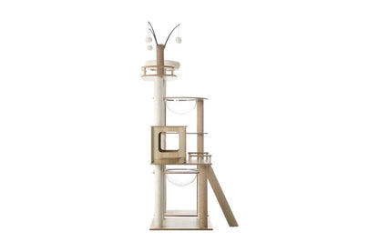 Large 172cm Pure Ego wooden cat tree with scratching post and tower, designed for cats to climb, scratch, and relax.