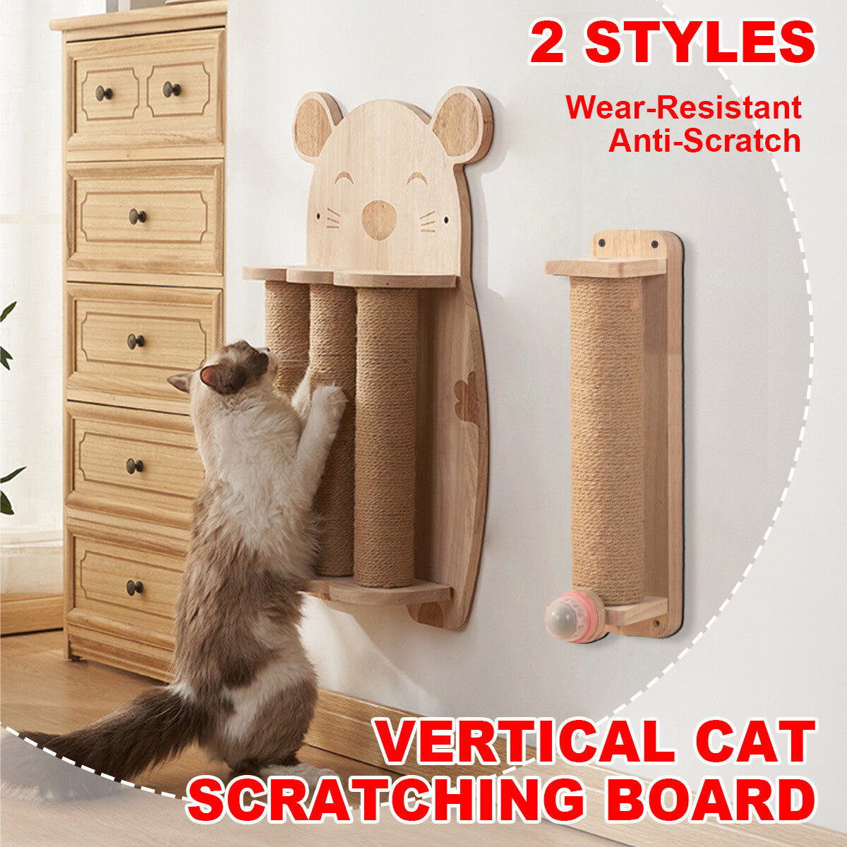 Pure Ego 2Style wood wall-mounted cat scratching post with natural sisal rope and claw grinding toy, ideal for feline claw care.