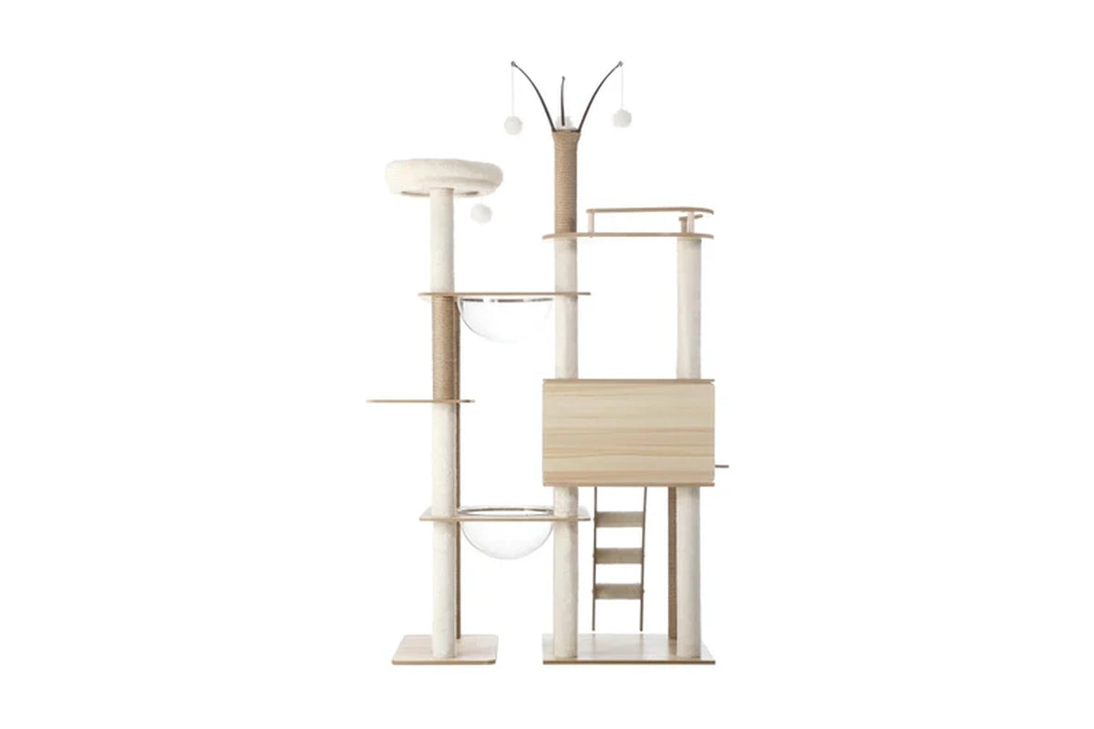 Large 172cm wooden cat tree with scratching post and tower by Pure Ego, designed for climbing and scratching.