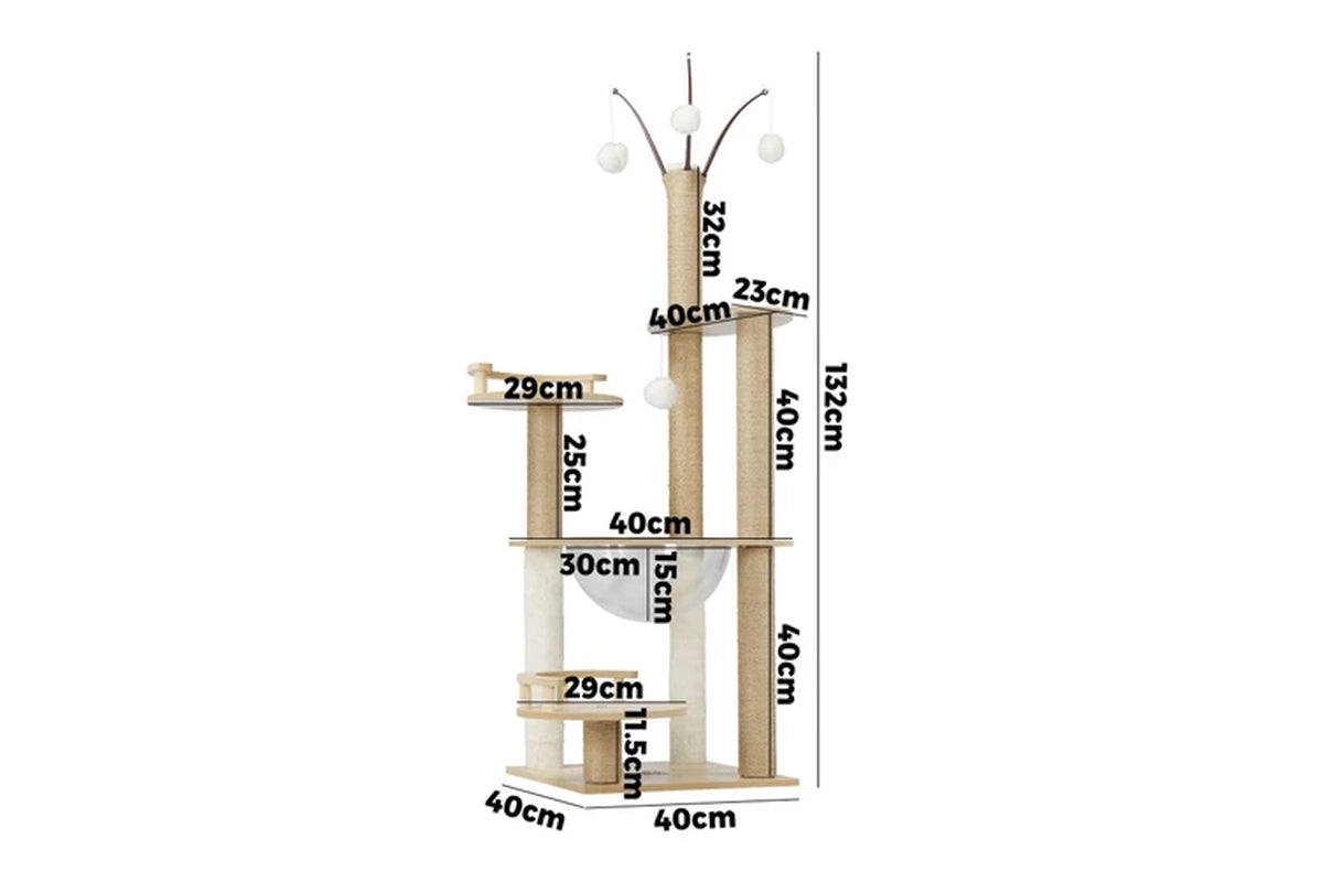 Pure Ego cat tree scratching post, 132cm tall, with multiple platforms and scratching surfaces for cats to climb and play.