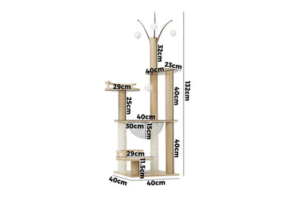 Pure Ego cat tree scratching post, 132cm tall, with multiple platforms and scratching surfaces for cats to climb and play.